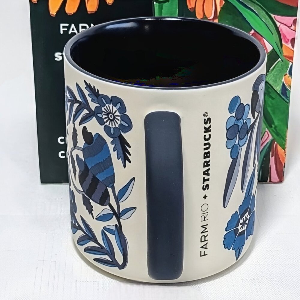 Starbucks x Farm Rio Lenco Asulejo White Blue Toucan/Macaw Ceramic Mug 14 oz - Picture 4 of 7